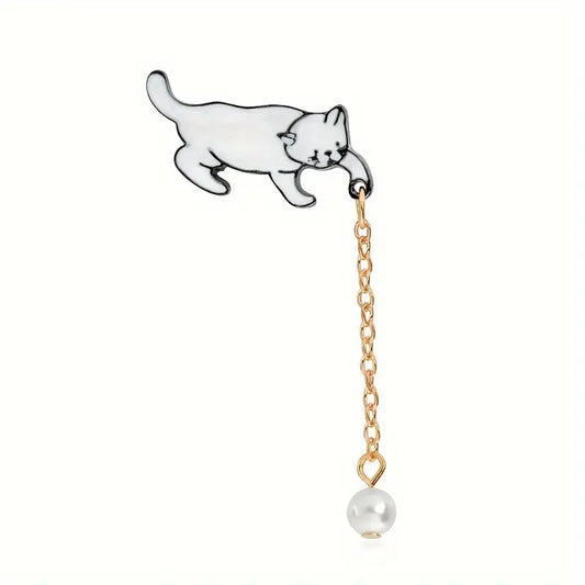 Cat Fishing Faux Pearl Enamel Pin