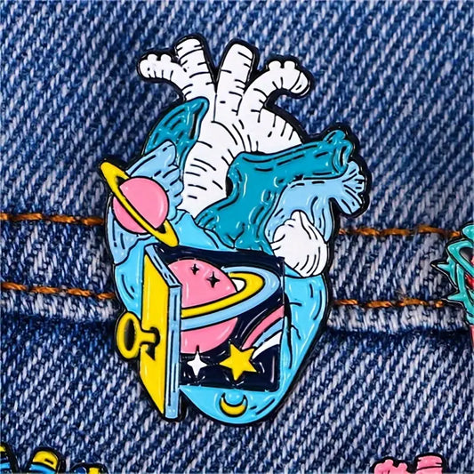 Planets and meteors Heart Enamel Pin